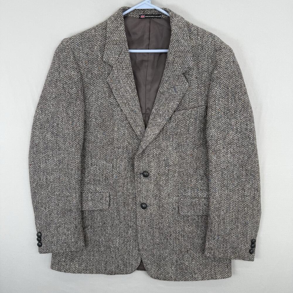 VTG Harris Tweed Sport Coat Mens 40R Grey Herringbone Wool Blazer Full Lining